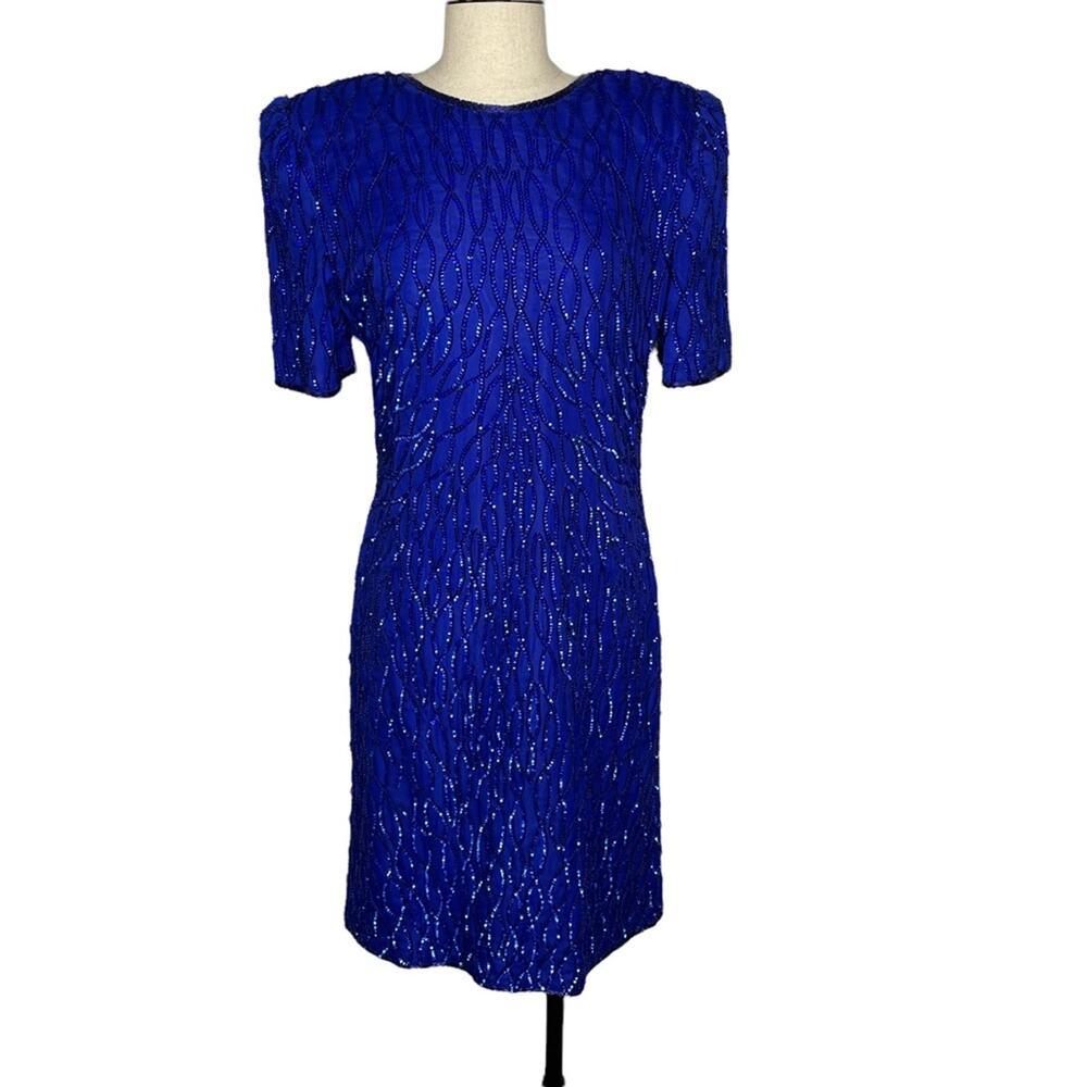 Laurence Kazar Silk Sequin Beaded Mini Dress Vintage 1980s Cobalt Blue M GUC